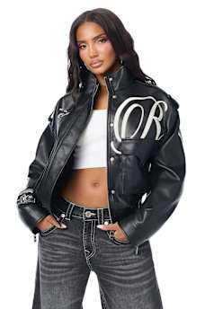 EMBROIDERED FAUX LEATHER JACKET