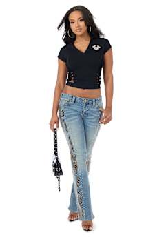 BECCA MID RISE SNAKESKIN BIG T BOOTCUT JEAN