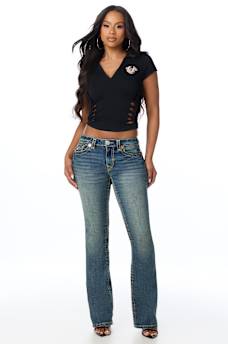 BECCA MID RISE SUPER T FAUX LEATHER HORSESHOE FLAP BOOTCUT JEAN