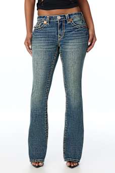 BECCA MID RISE SUPER T FAUX LEATHER HORSESHOE FLAP BOOTCUT JEAN