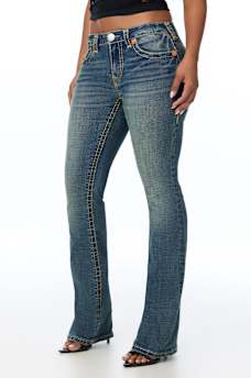 BECCA MID RISE SUPER T FAUX LEATHER HORSESHOE FLAP BOOTCUT JEAN