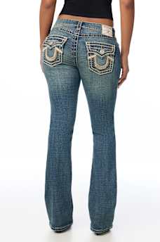 BECCA MID RISE SUPER T FAUX LEATHER HORSESHOE FLAP BOOTCUT JEAN