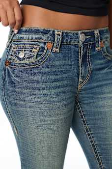 BECCA MID RISE SUPER T FAUX LEATHER HORSESHOE FLAP BOOTCUT JEAN