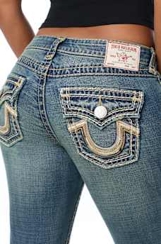 BECCA MID RISE SUPER T FAUX LEATHER HORSESHOE FLAP BOOTCUT JEAN