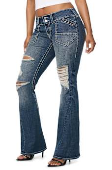 JOEY LOW RISE  DESTROYED ZIPPER POCKET BIG T FLAP FLARE JEAN