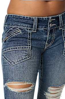 JOEY LOW RISE  DESTROYED ZIPPER POCKET BIG T FLAP FLARE JEAN