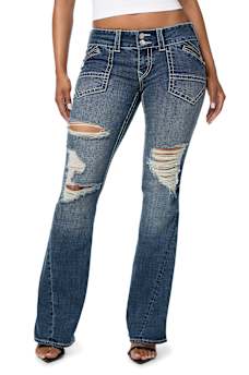 JOEY LOW RISE  DESTROYED ZIPPER POCKET BIG T FLAP FLARE JEAN