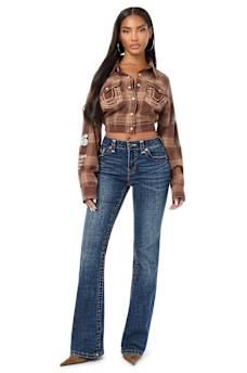 BECCA MID RISE APPLIQU&Eacute; SUPER T FLAP BOOTCUT JEAN