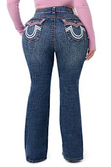 PLUS BECCA MID RISE APPLIQU&Eacute; SUPER T FLAP BOOTCUT JEAN