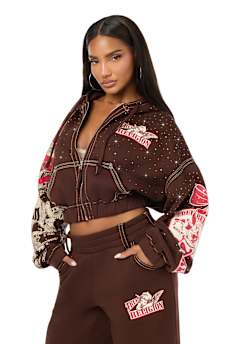 ALLOVER PRINT CRYSTAL BIG T GIRLFRIEND ZIP-UP HOODIE
