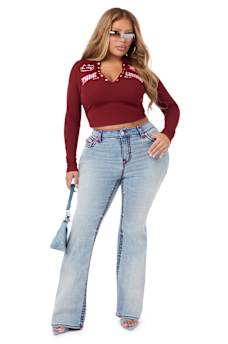 PLUS BECCA MID RISE SUPER T FLAP BOOTCUT JEAN