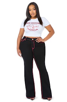 PLUS BECCA MID RISE LUREX SUPER T FLAP BOOTCUT JEAN