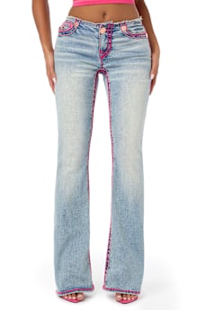 TRUE RELIGION X BABY PHAT BECCA LOW RISE CUT OFF WAISTBAND ROPE STITCH BOOTCUT JEAN