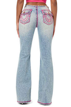 TRUE RELIGION X BABY PHAT BECCA LOW RISE CUT OFF WAISTBAND ROPE STITCH BOOTCUT JEAN