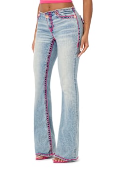TRUE RELIGION X BABY PHAT BECCA LOW RISE CUT OFF WAISTBAND ROPE STITCH BOOTCUT JEAN