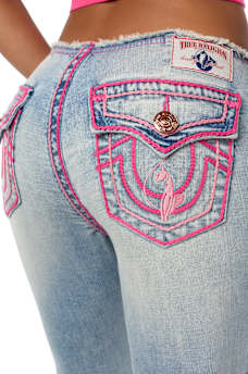 TRUE RELIGION X BABY PHAT BECCA LOW RISE CUT OFF WAISTBAND ROPE STITCH BOOTCUT JEAN