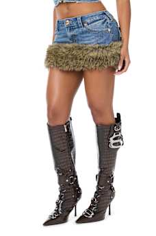 TRUE RELIGION X BABY PHAT DENIM FUR FLAP SKIRT