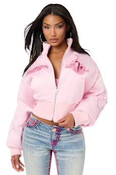 TRUE RELIGION X BABY PHAT CRYSTAL SATIN BOMBER JACKET