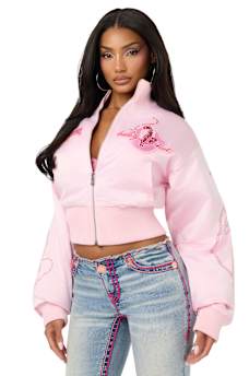 TRUE RELIGION X BABY PHAT CRYSTAL SATIN BOMBER JACKET