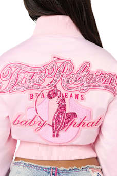 TRUE RELIGION X BABY PHAT CRYSTAL SATIN BOMBER JACKET
