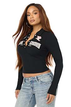 RIBBED POLO HENLEY LONG SLEEVE TOP