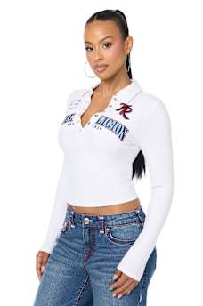 RIBBED POLO HENLEY LONG SLEEVE TOP