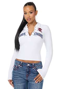 RIBBED POLO HENLEY LONG SLEEVE TOP