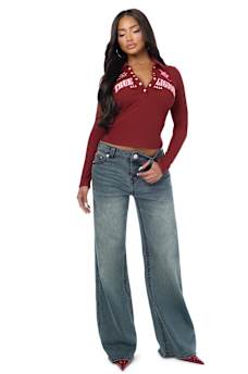 RIBBED POLO HENLEY LONG SLEEVE TOP
