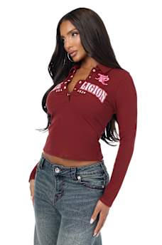 RIBBED POLO HENLEY LONG SLEEVE TOP