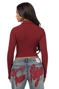 RIBBED POLO HENLEY LONG SLEEVE TOP