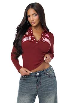 RIBBED POLO HENLEY LONG SLEEVE TOP