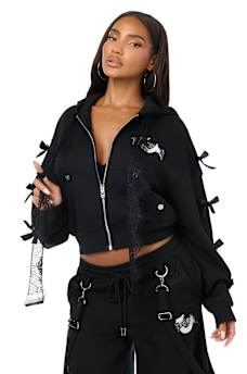 CUSTOM LACE BOW EMBROIDERED ZIP-UP HOODIE
