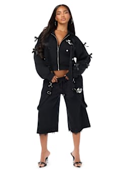 CUSTOM LACE BOW EMBROIDERED ZIP-UP HOODIE