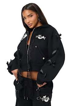 CUSTOM LACE BOW EMBROIDERED ZIP-UP HOODIE
