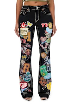 CUSTOM BECCA MID RISE EMBROIDERED PATCHES BIG T BOOTCUT JEAN