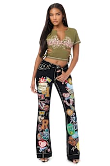 CUSTOM BECCA MID RISE EMBROIDERED PATCHES BIG T BOOTCUT JEAN