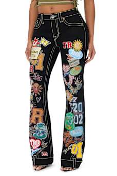 CUSTOM BECCA MID RISE EMBROIDERED PATCHES BIG T BOOTCUT JEAN