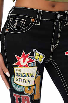 CUSTOM BECCA MID RISE EMBROIDERED PATCHES BIG T BOOTCUT JEAN