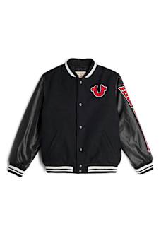 BOYS CONTRAST FAUX LEATHER VARSITY JACKET