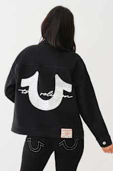 OVERSIZED GLITTER LOGO DENIM TRUCKER JACKET, image 6