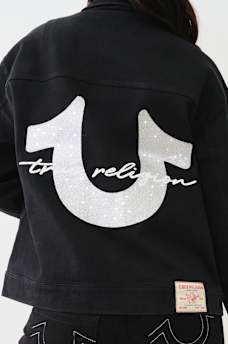 OVERSIZED GLITTER LOGO DENIM TRUCKER JACKET, image 1