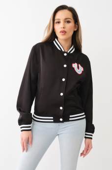 HORSESHOE SATIN VARSITY BOMBER JACKET
