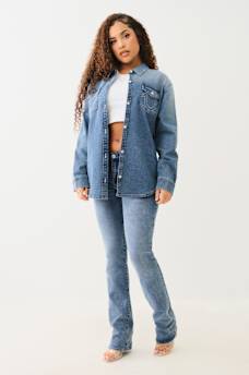 OVERSIZED DENIM CRYSTAL LOGO LONG SLEEVE SHIRT, image 2