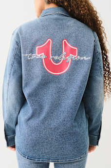 OVERSIZED DENIM CRYSTAL LOGO LONG SLEEVE SHIRT, image 3