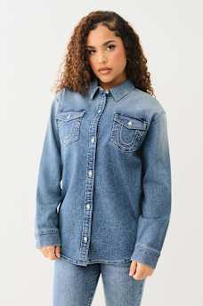OVERSIZED DENIM CRYSTAL LOGO LONG SLEEVE SHIRT, image 4