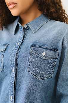 OVERSIZED DENIM CRYSTAL LOGO LONG SLEEVE SHIRT, image 5