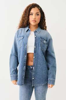 OVERSIZED DENIM CRYSTAL LOGO LONG SLEEVE SHIRT, image 1