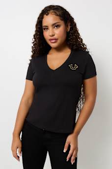 METALLIC FLORAL HORSESHOE V NECK TEE, image 2