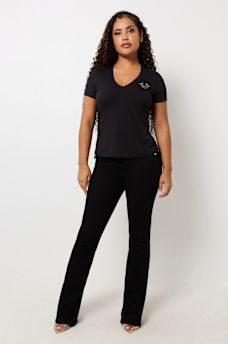 METALLIC FLORAL HORSESHOE V NECK TEE, image 3