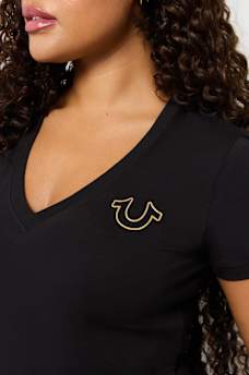 METALLIC FLORAL HORSESHOE V NECK TEE, image 4